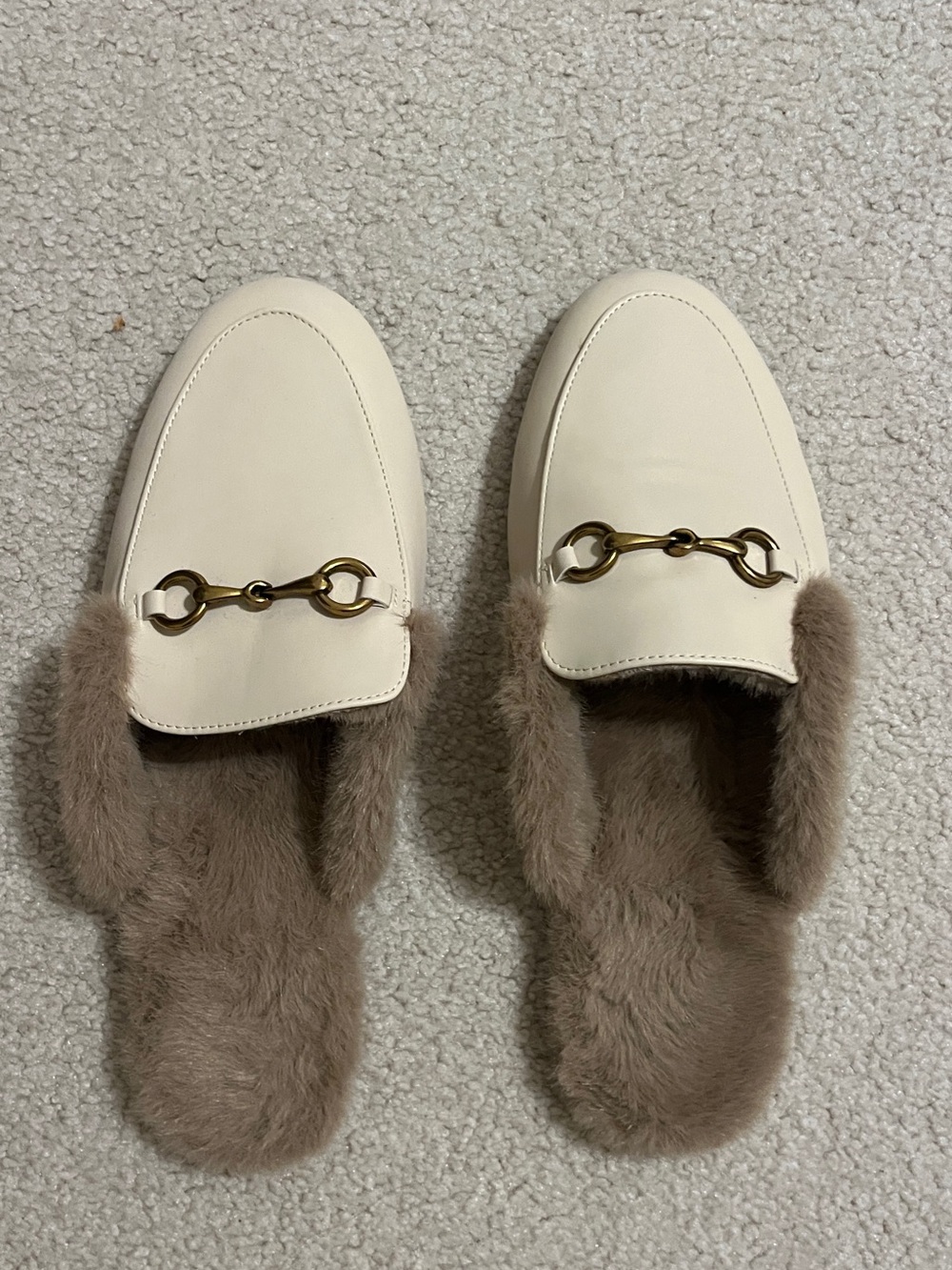 Cream Faux-Fur Lined Loafer Mules with Gold Bit